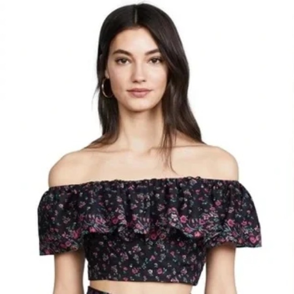 LoveShackFancy Maria Secret Garden Black Ruffle Floral Print Cotton Crop Top XXS